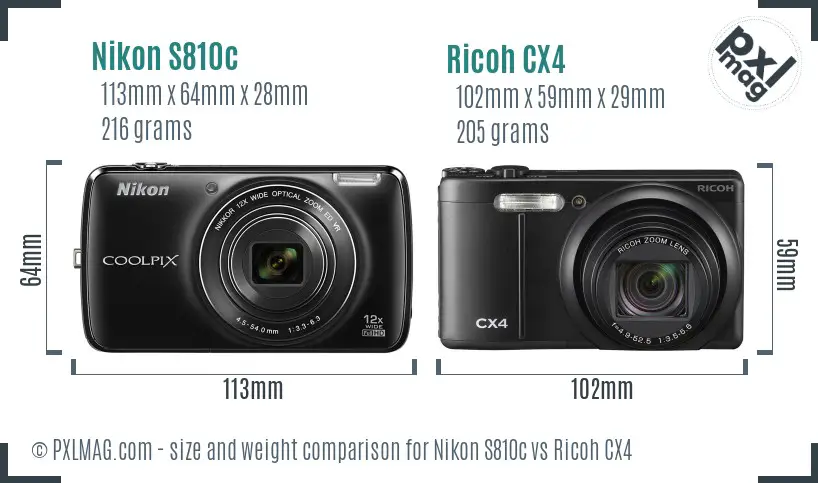 Nikon S810c vs Ricoh CX4 size comparison
