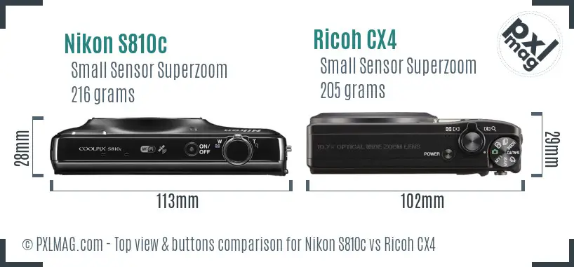 Nikon S810c vs Ricoh CX4 top view buttons comparison