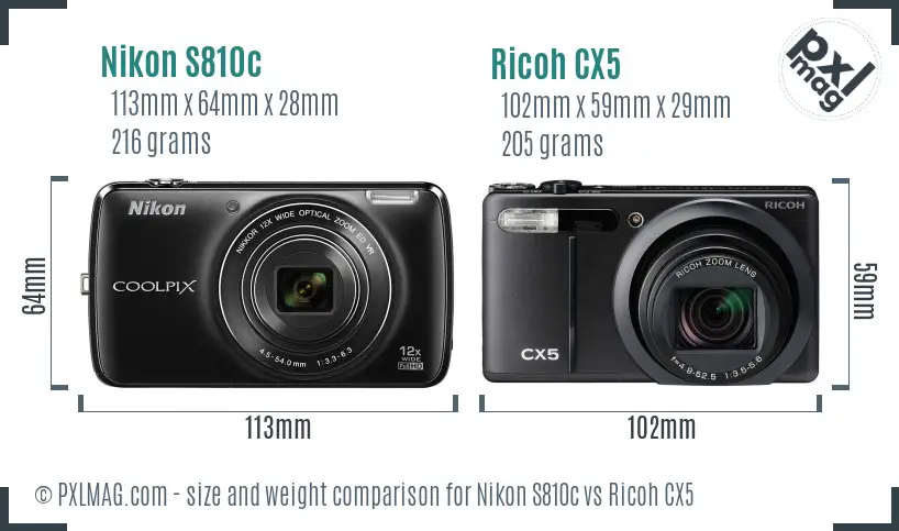 Nikon S810c vs Ricoh CX5 size comparison