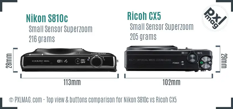 Nikon S810c vs Ricoh CX5 top view buttons comparison