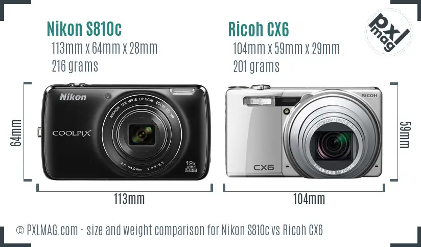 Nikon S810c vs Ricoh CX6 size comparison
