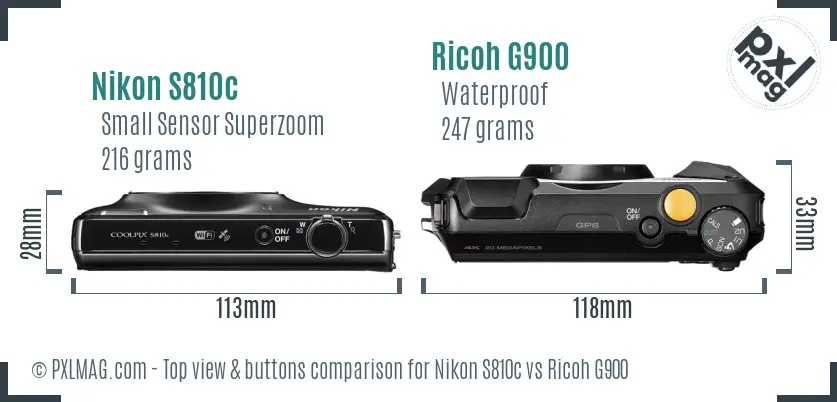 Nikon S810c vs Ricoh G900 top view buttons comparison