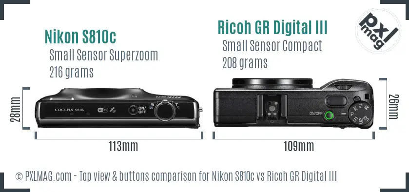 Nikon S810c vs Ricoh GR Digital III top view buttons comparison Nikon S810c vs Ricoh GR Digital III top view buttons comparison