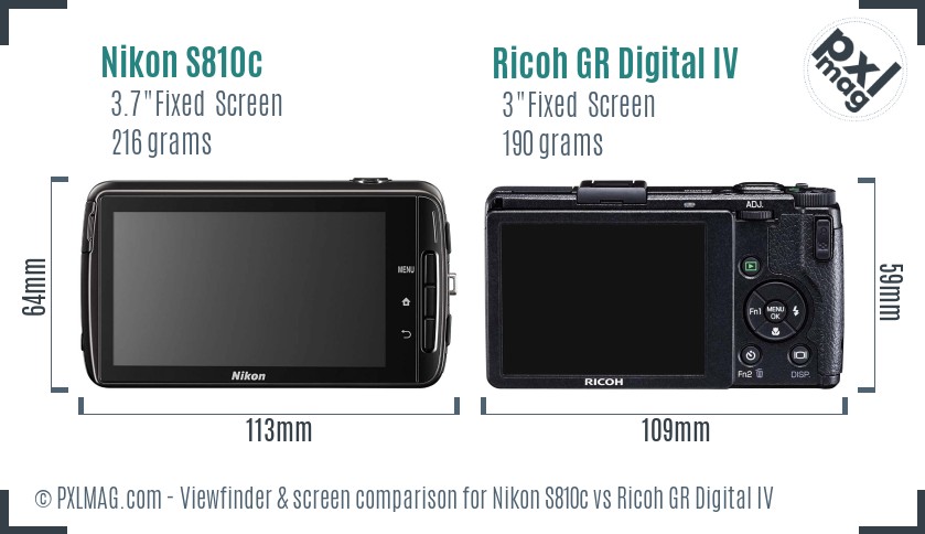 Nikon S810c vs Ricoh GR Digital IV Screen and Viewfinder comparison