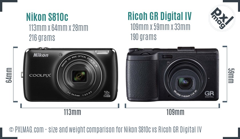 Nikon S810c vs Ricoh GR Digital IV size comparison