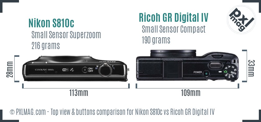 Nikon S810c vs Ricoh GR Digital IV top view buttons comparison