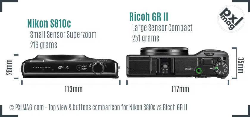 Nikon S810c vs Ricoh GR II top view buttons comparison