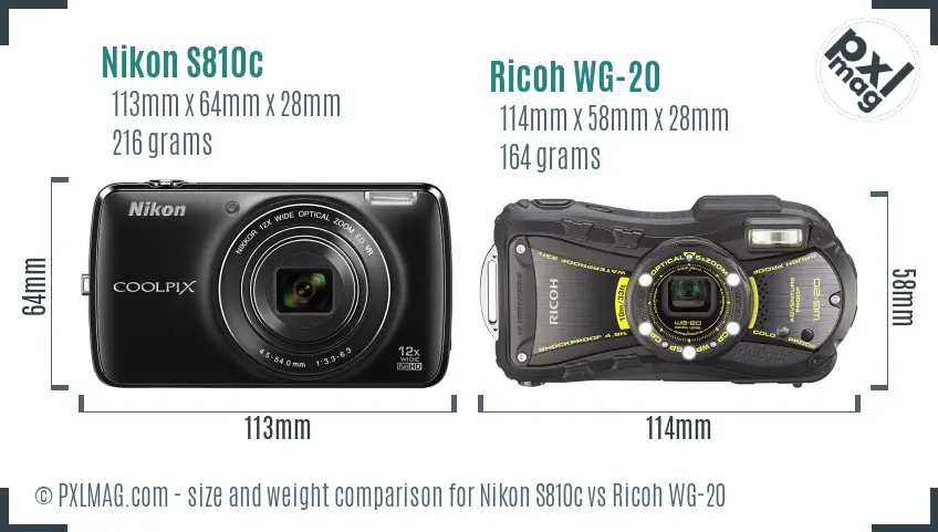 Nikon S810c vs Ricoh WG-20 size comparison
