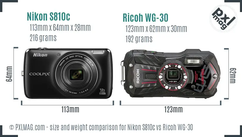 Nikon S810c vs Ricoh WG-30 size comparison