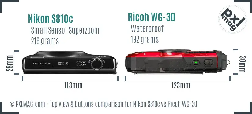 Nikon S810c vs Ricoh WG-30 top view buttons comparison