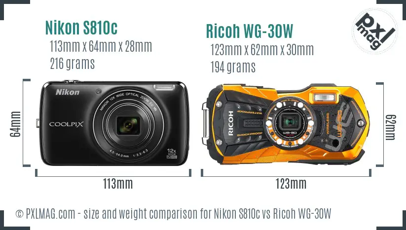 Nikon S810c vs Ricoh WG-30W size comparison