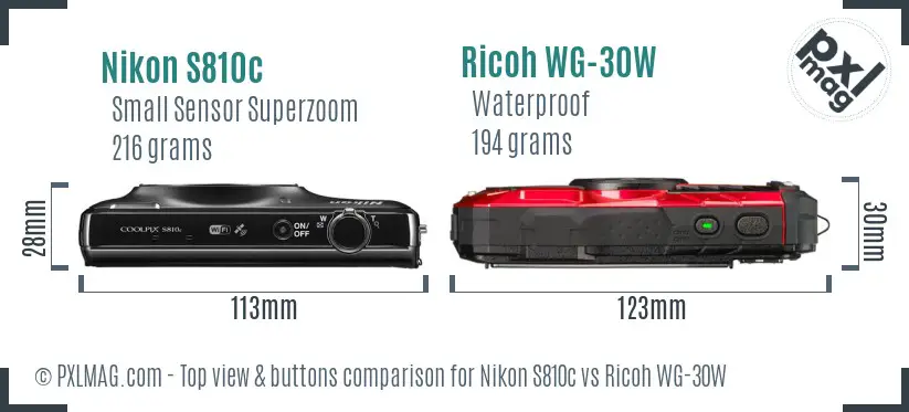 Nikon S810c vs Ricoh WG-30W top view buttons comparison