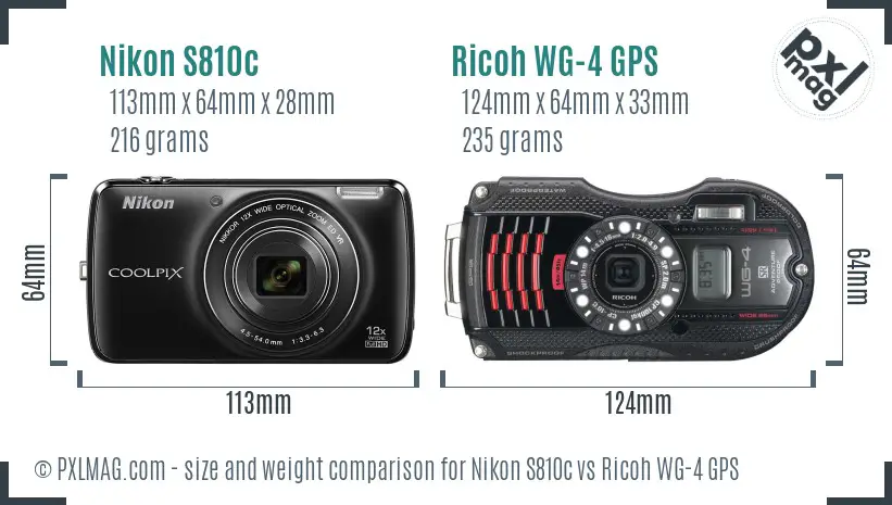 Nikon S810c vs Ricoh WG-4 GPS size comparison