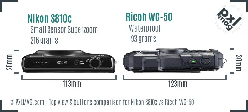 Nikon S810c vs Ricoh WG-50 top view buttons comparison Nikon S810c vs Ricoh WG-50 top view buttons comparison