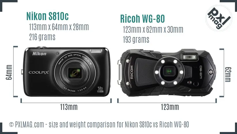 Nikon S810c vs Ricoh WG-80 size comparison