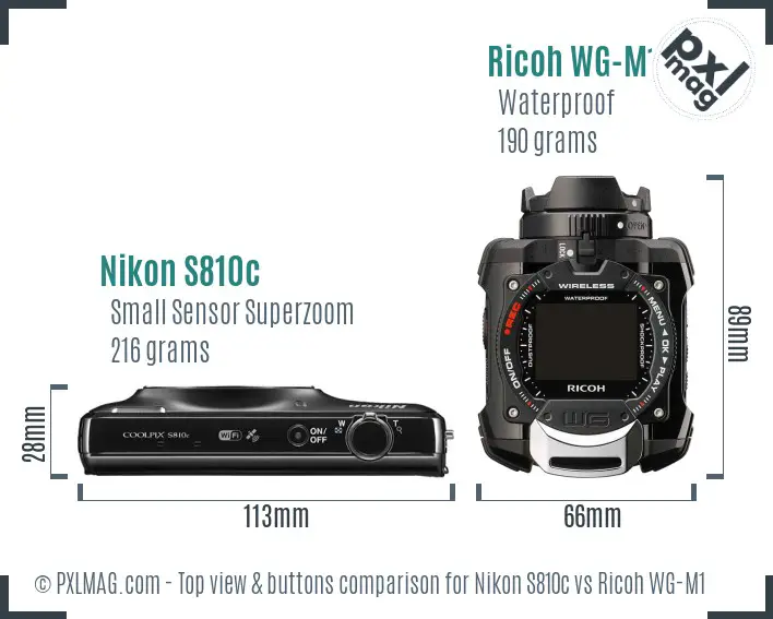 Nikon S810c vs Ricoh WG-M1 top view buttons comparison