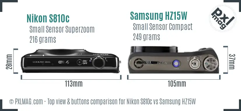 Nikon S810c vs Samsung HZ15W top view buttons comparison Nikon S810c vs Samsung HZ15W top view buttons comparison