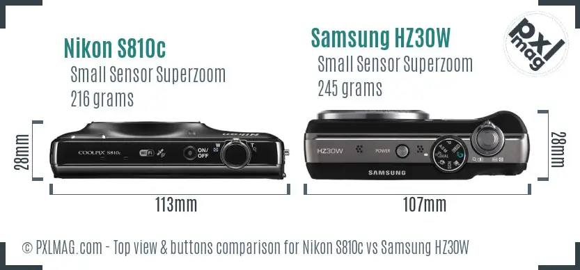 Nikon S810c vs Samsung HZ30W top view buttons comparison Nikon S810c vs Samsung HZ30W top view buttons comparison