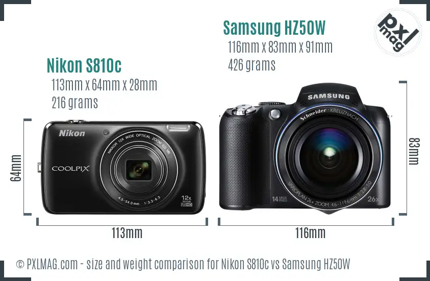 Nikon S810c vs Samsung HZ50W size comparison