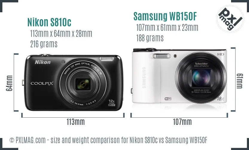 Nikon S810c vs Samsung WB150F size comparison