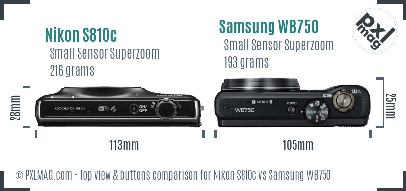 Nikon S810c vs Samsung WB750 top view buttons comparison