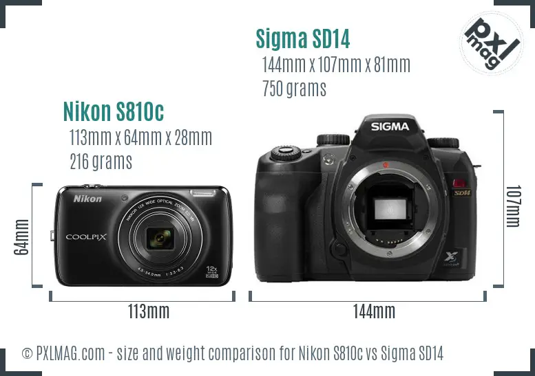 Nikon S810c vs Sigma SD14 size comparison