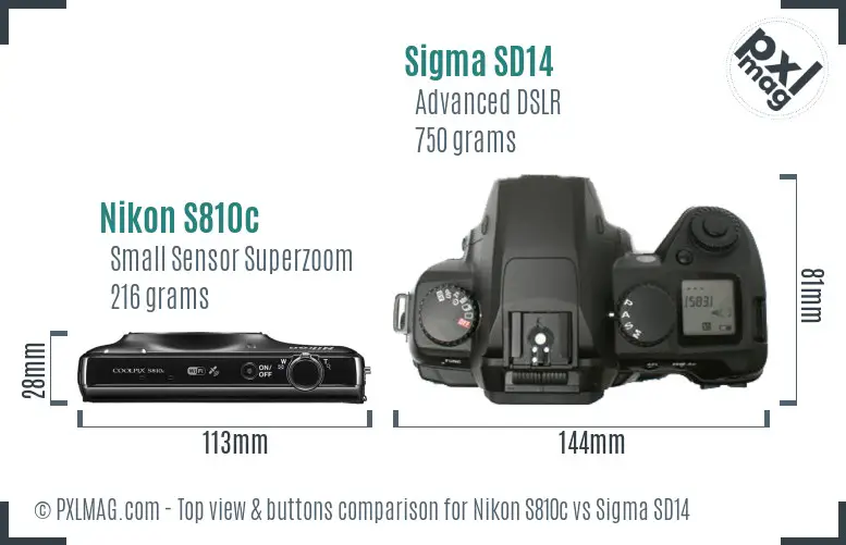 Nikon S810c vs Sigma SD14 top view buttons comparison