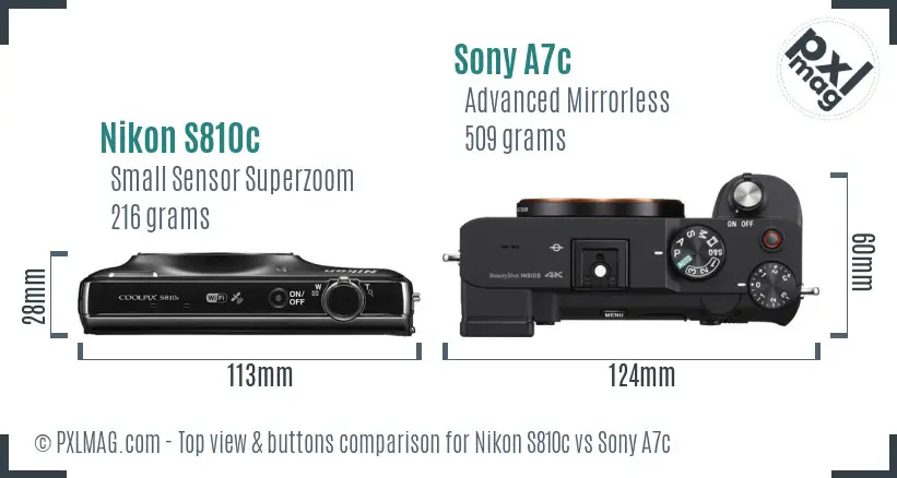 Nikon S810c vs Sony A7c top view buttons comparison