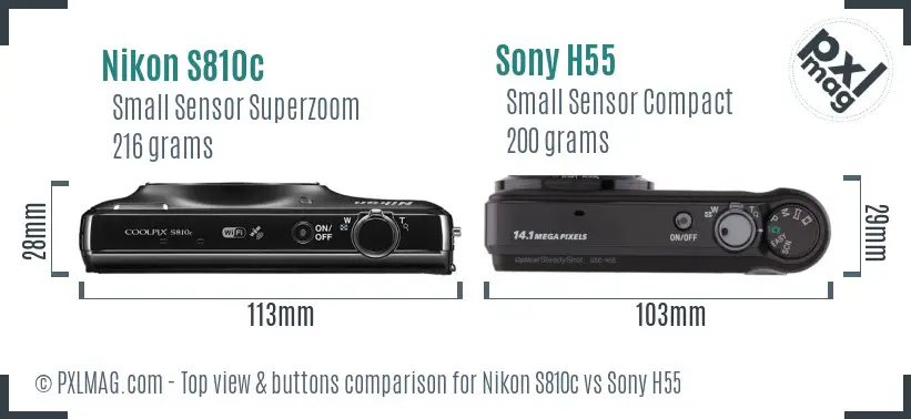Nikon S810c vs Sony H55 top view buttons comparison Nikon S810c vs Sony H55 top view buttons comparison