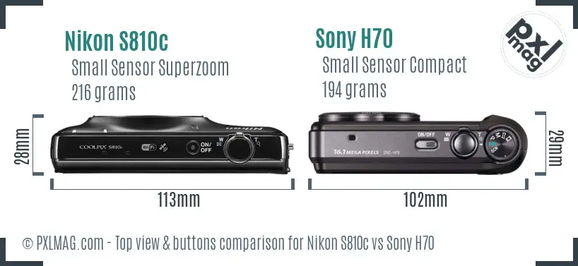 Nikon S810c vs Sony H70 top view buttons comparison Nikon S810c vs Sony H70 top view buttons comparison