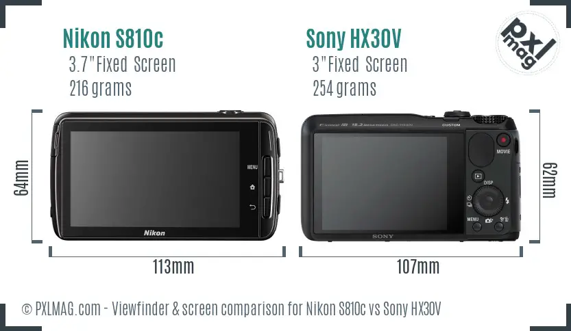 Nikon S810c vs Sony HX30V Screen and Viewfinder comparison