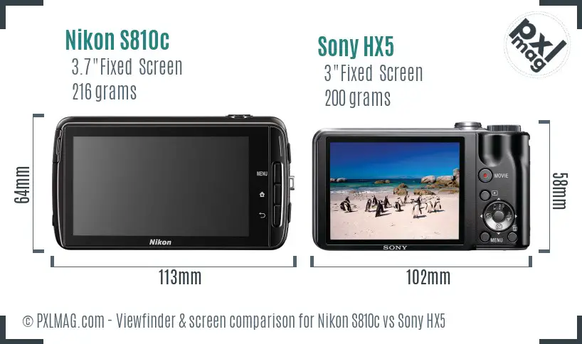 Nikon S810c vs Sony HX5 Screen and Viewfinder comparison