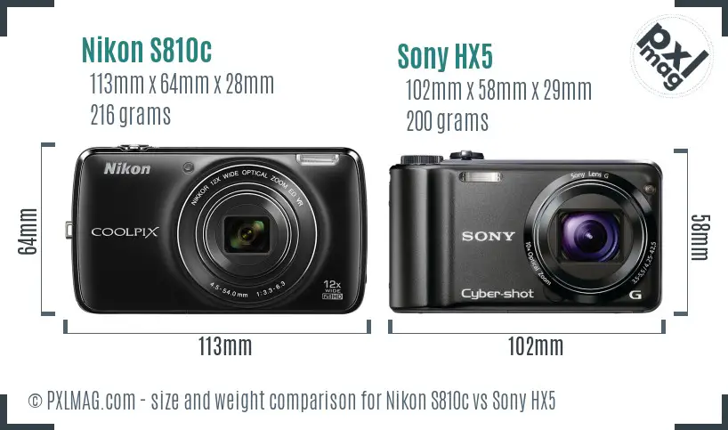 Nikon S810c vs Sony HX5 size comparison