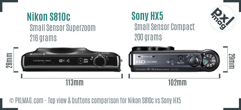 Nikon S810c vs Sony HX5 top view buttons comparison