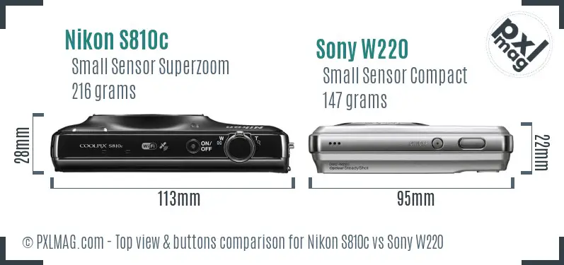 Nikon S810c vs Sony W220 top view buttons comparison Nikon S810c vs Sony W220 top view buttons comparison