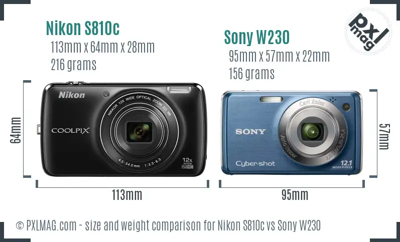 Nikon S810c vs Sony W230 size comparison