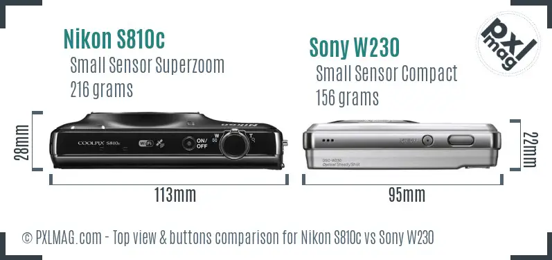 Nikon S810c vs Sony W230 top view buttons comparison