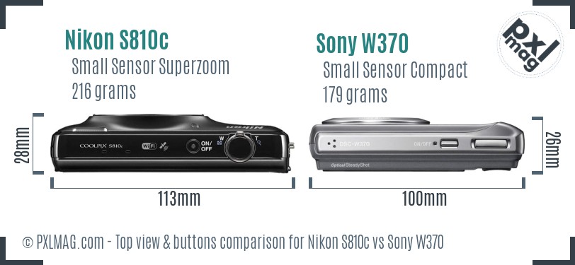 Nikon S810c vs Sony W370 top view buttons comparison