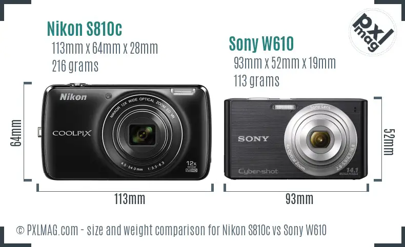 Nikon S810c vs Sony W610 size comparison