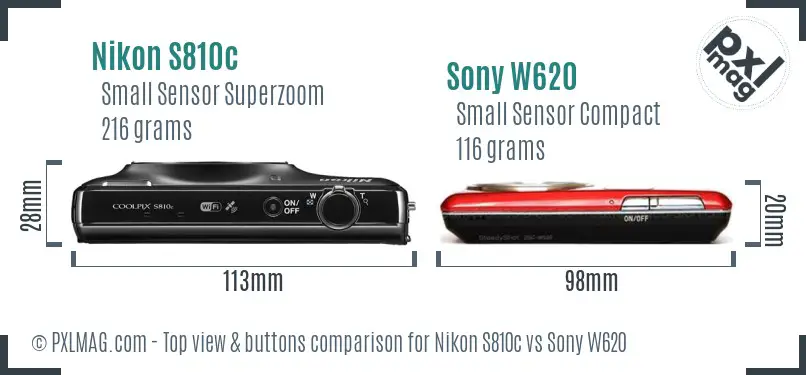 Nikon S810c vs Sony W620 top view buttons comparison