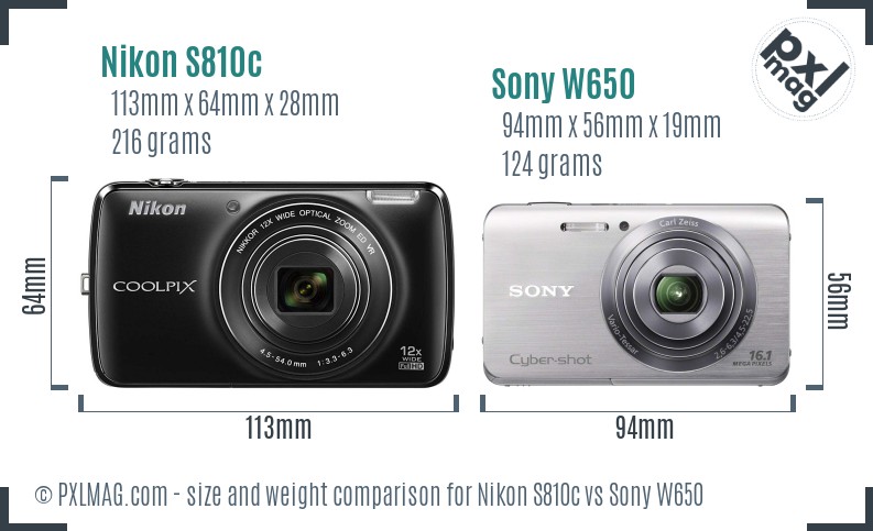 Nikon S810c vs Sony W650 size comparison