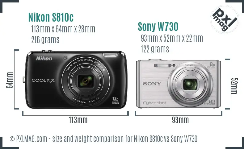 Nikon S810c vs Sony W730 size comparison