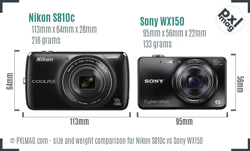 Nikon S810c vs Sony WX150 size comparison