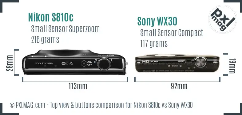 Nikon S810c vs Sony WX30 top view buttons comparison Nikon S810c vs Sony WX30 top view buttons comparison