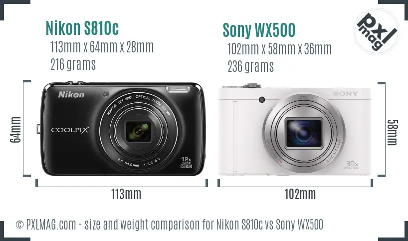 Nikon S810c vs Sony WX500 size comparison