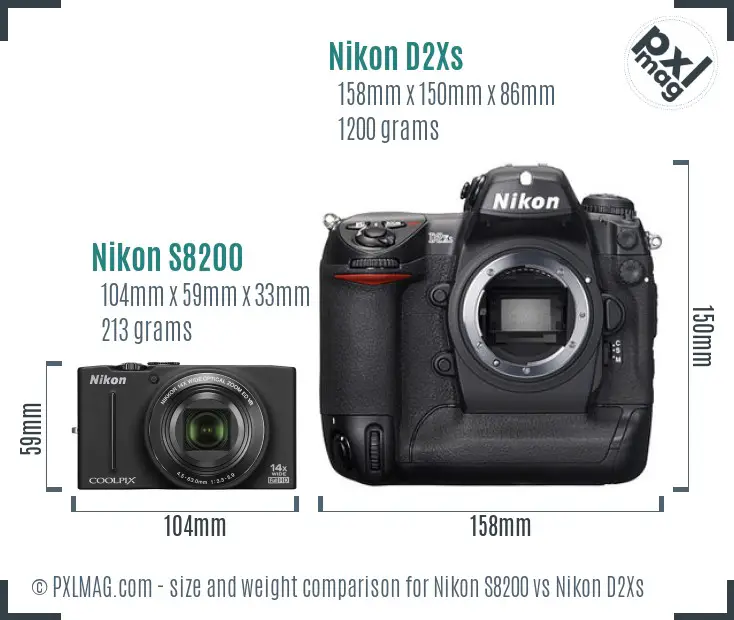 Nikon S8200 vs Nikon D2Xs size comparison