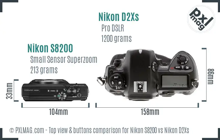 Nikon S8200 vs Nikon D2Xs top view buttons comparison
