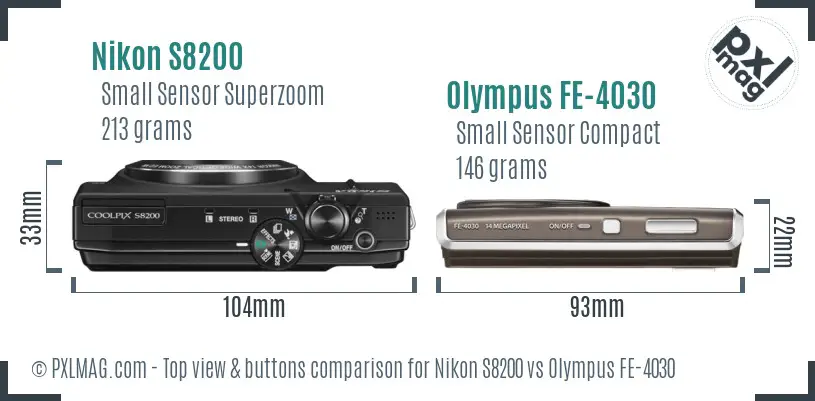 Nikon S8200 vs Olympus FE-4030 top view buttons comparison Nikon S8200 vs Olympus FE-4030 top view buttons comparison