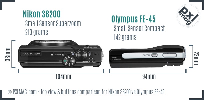 Nikon S8200 vs Olympus FE-45 top view buttons comparison