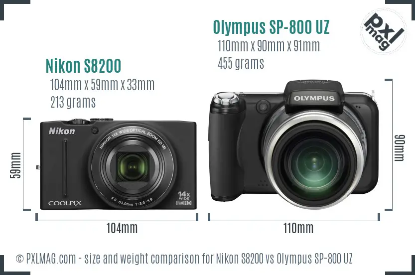 Nikon S8200 vs Olympus SP-800 UZ size comparison Nikon S8200 vs Olympus SP-800 UZ size comparison